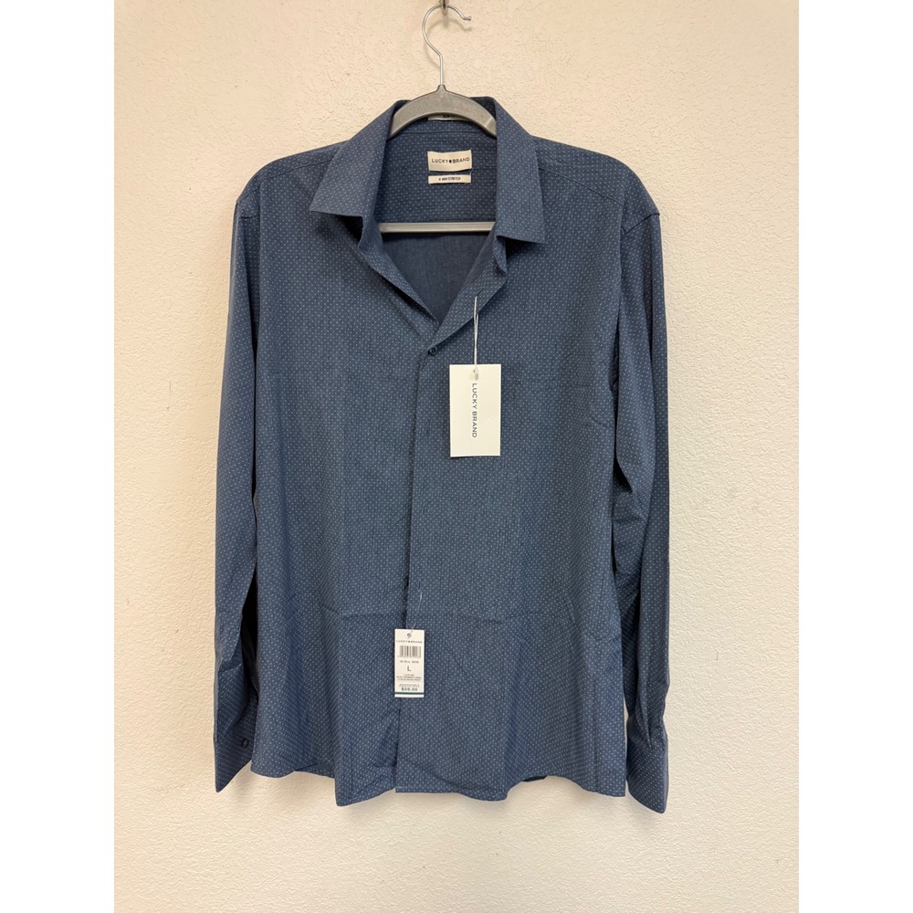Lucky Brand Men's Large Blue Chambray Micro Print Slim 4-Way Stretch Shirt NWT